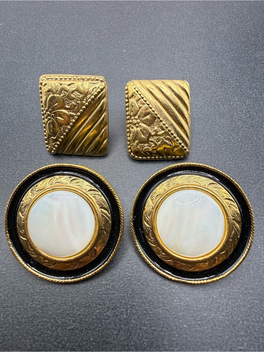 1928 Jewelry 2 Pair Earrings Lot Gold Tone Black White Statement 1”